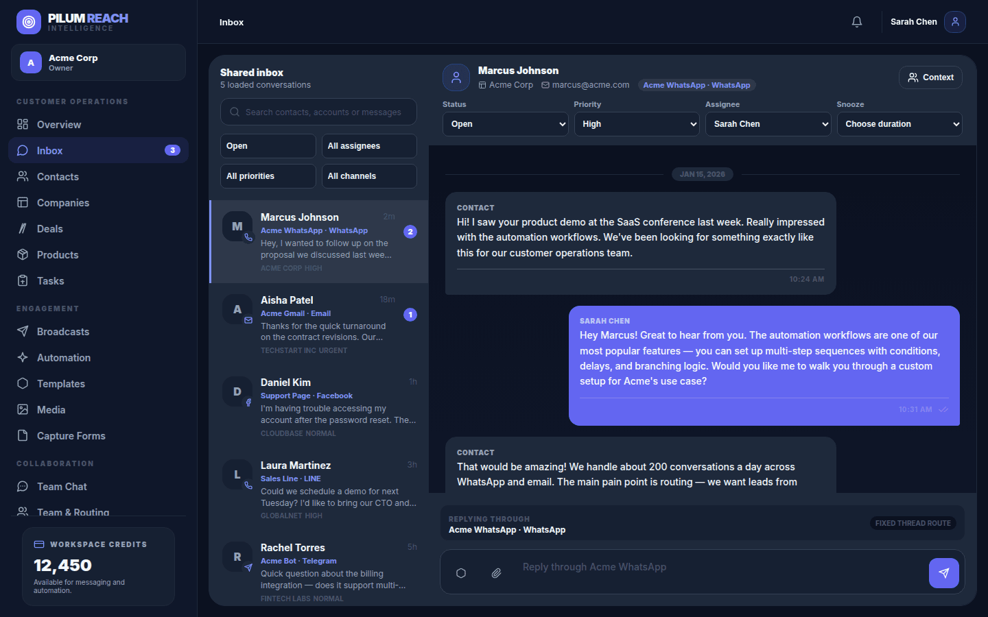 PilumReach shared inbox showing unified conversations across WhatsApp, Email, Facebook, LINE and Telegram with contact context and routing controls